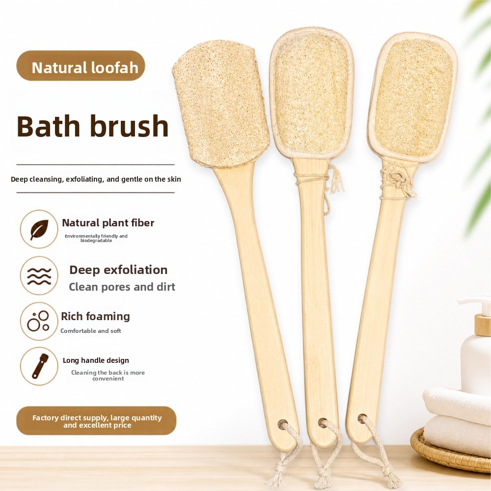 Body Loofah Natural - Double-sided Natural Loofah Bath Brush Wooden